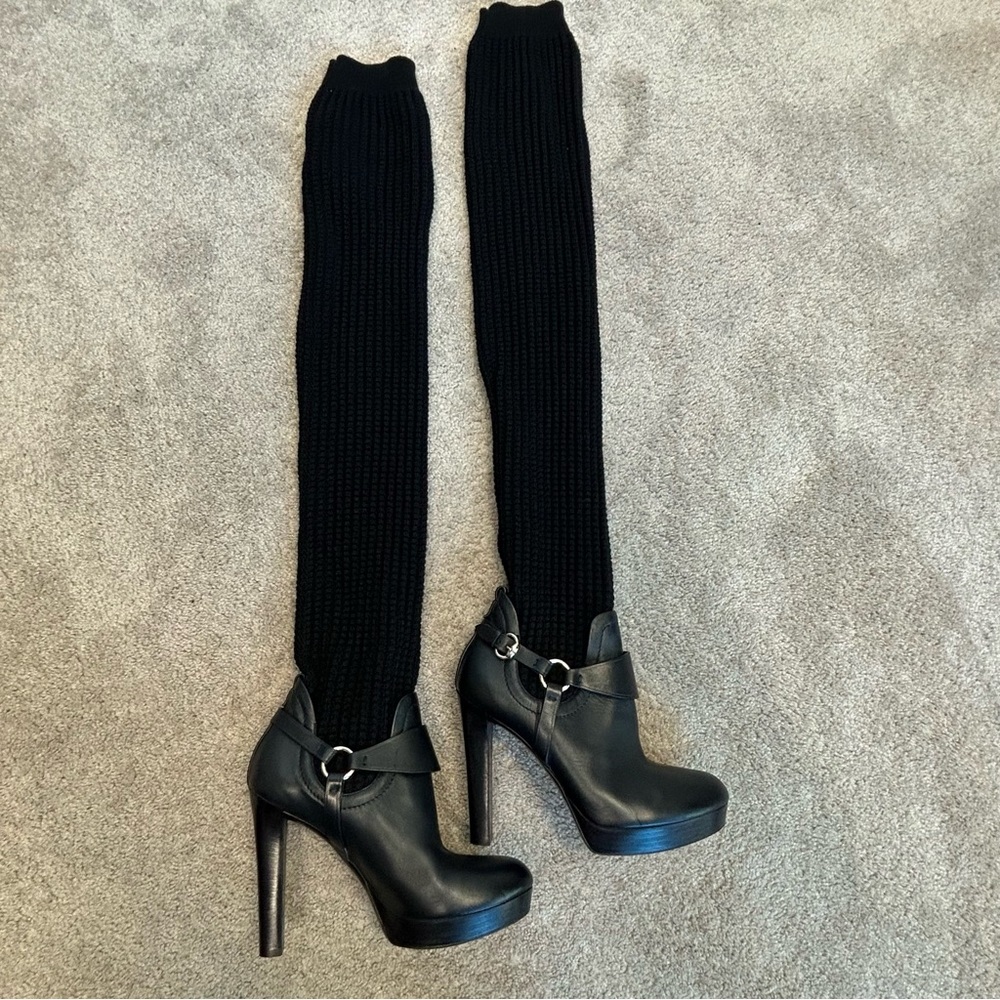 Gucci black wool knit over the knee sock harness boots leather platform 39.5 - Picture 3 of 12